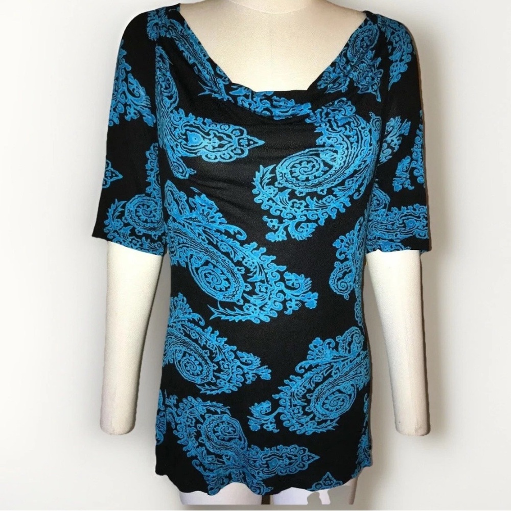 INC Black & Blue Paisley Draped Shirt Top Blouse Large